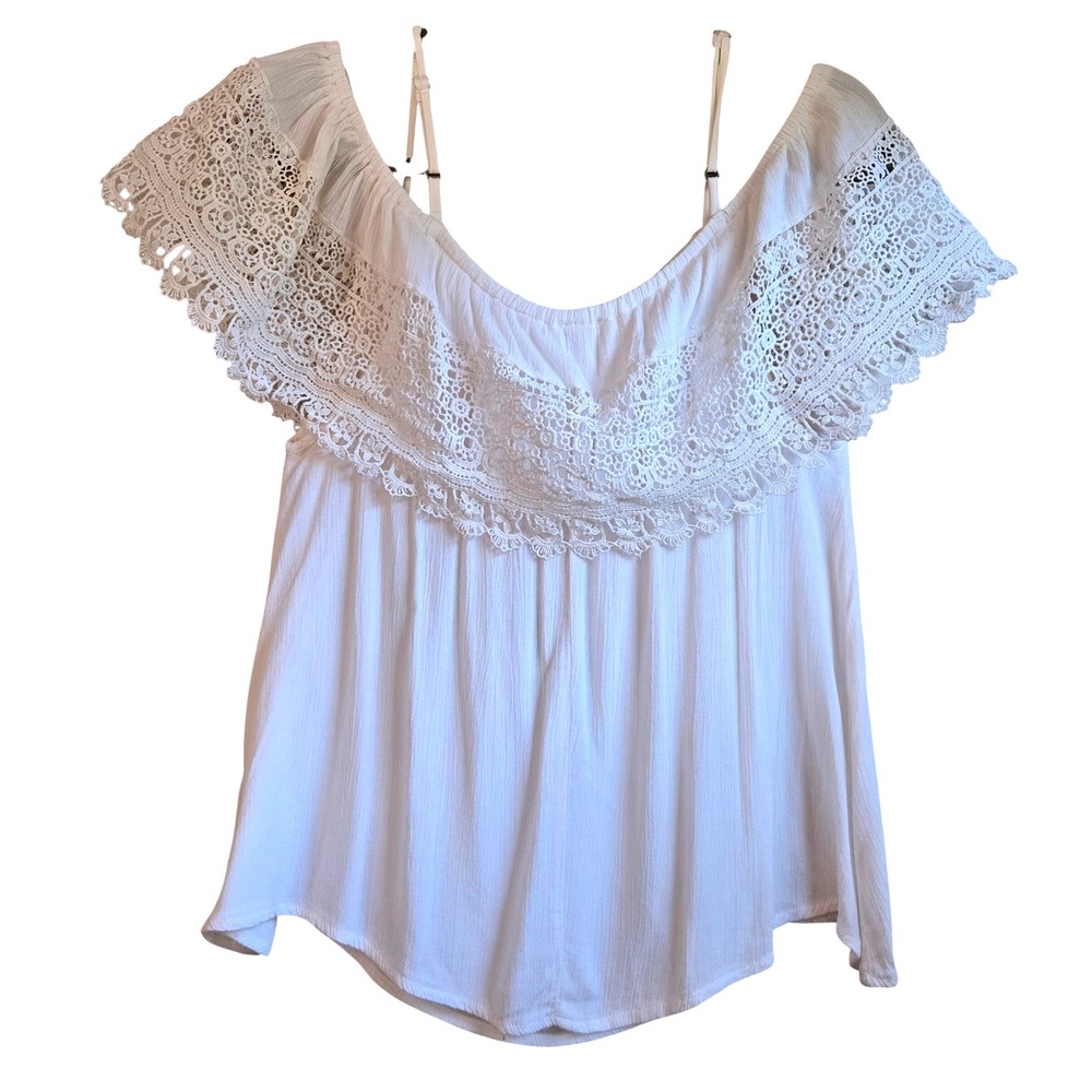 White Crochet Lace Ultra Pink M Off The Shoulder Ruffle Top Boho Rayon Gauze